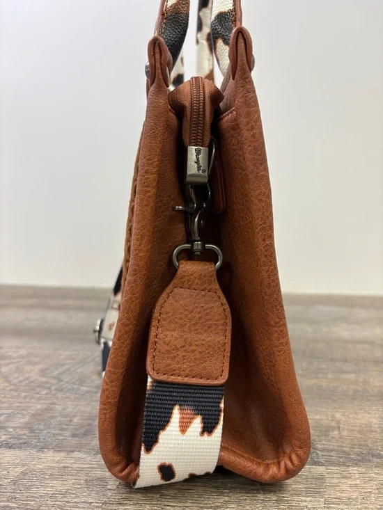 Wrangler Western Cow Print Tote Bag Brown Faux Leather Crossbody Satchel - Picture 2 of 13